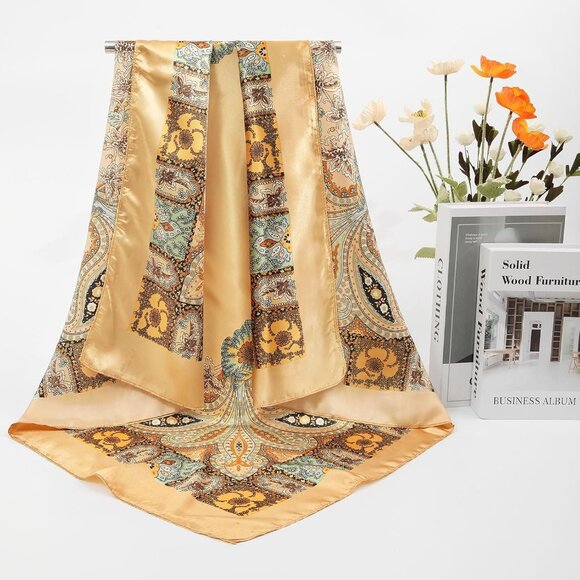 35 Inch Silk Head Scarf 2 Pcs Cashew(yellow+green) - Picture 5 of 7